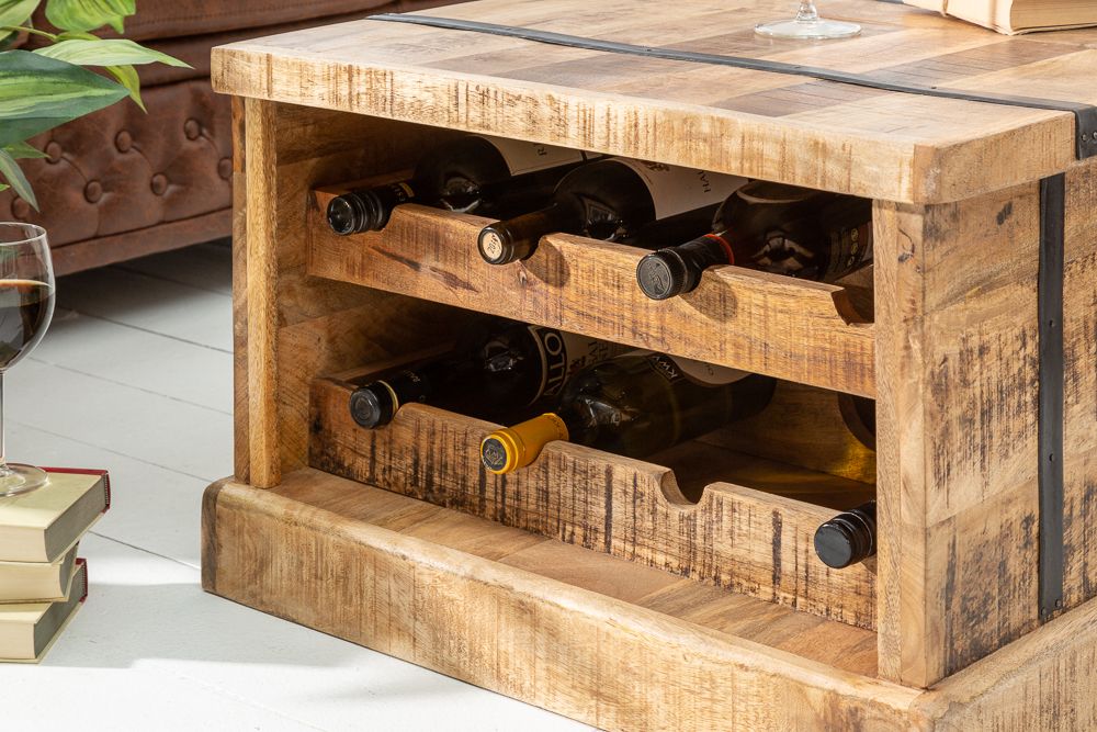 Massivholz Couchtisch BODEGA 100cm Mangoholz Hausbar Truhe mit Stauraum