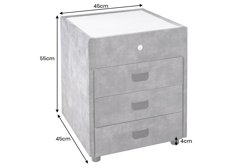Quadratischer Nachttisch PARIS 55cm grau Samt inkl. Beleuchtung und Schubladen