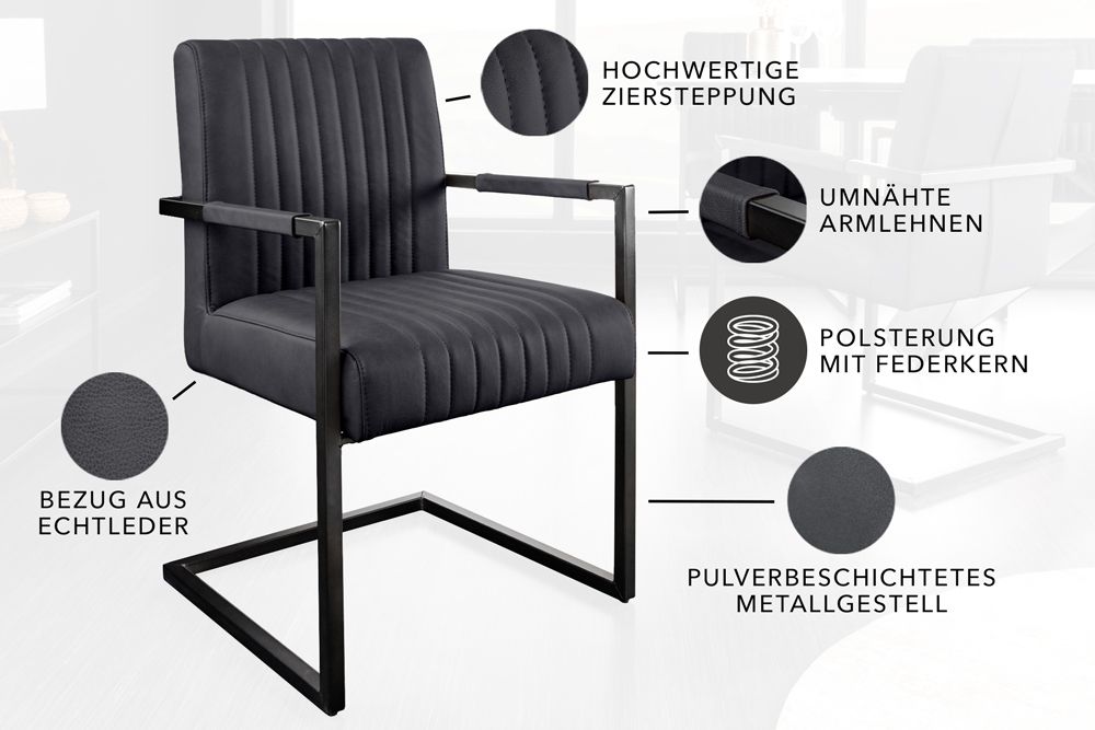 Moderner Freischwinger Stuhl BIG ASTON Echtleder schwarz Taschenfederkern Metall