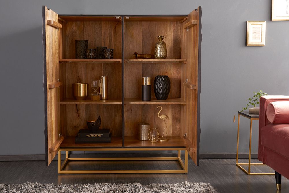 Massives Highboard SCORPION 120cm schwarz Mangoholz aufwendige 3D Schnitzereien