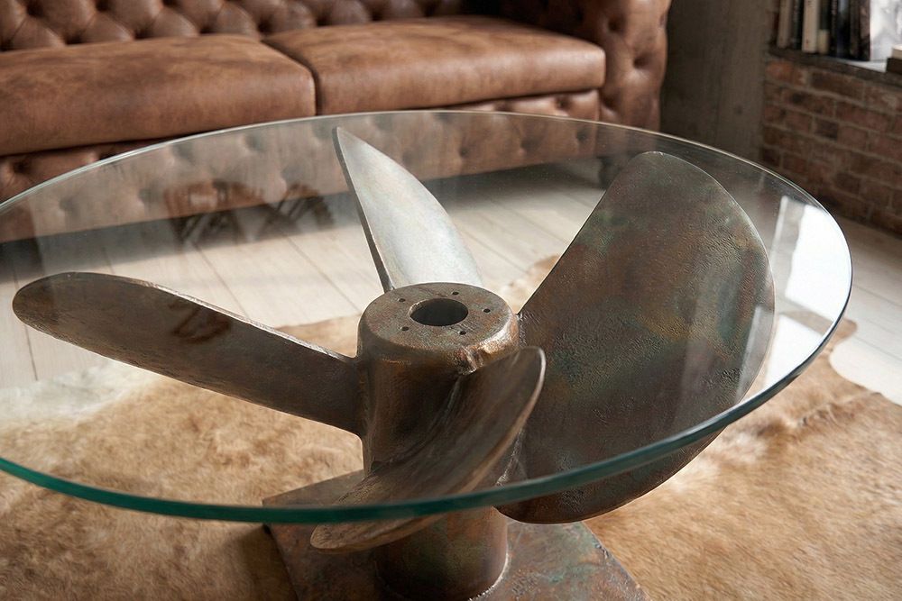 Maritimer Couchtisch OCEAN M 60cm kupfer geflammt rund Schiffsschraube Glasplatte