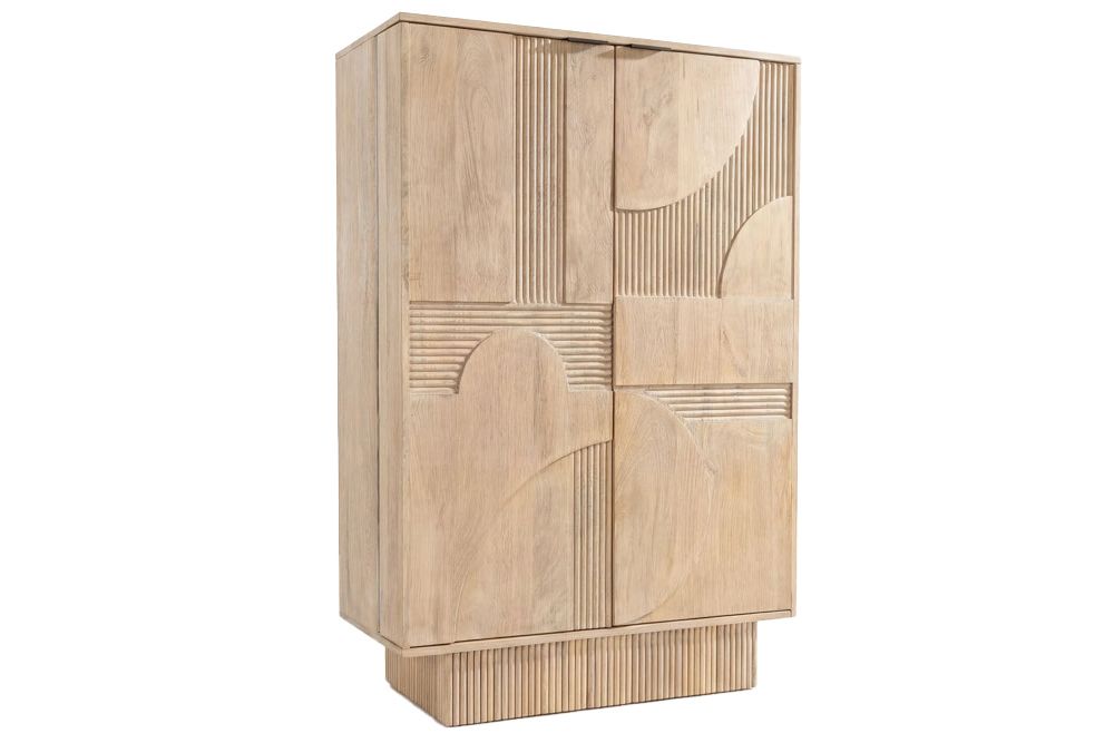 Massiver Barschrank ART DECO 140cm weiß gekälkt Mangoholz 3D-Front Highboard