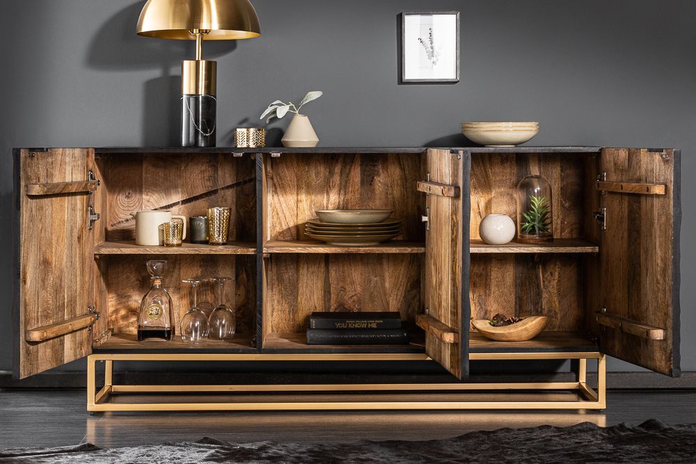 Massives Sideboard SCORPION 140cm schwarz Mangoholz aufwendige 3D Schnitzereien