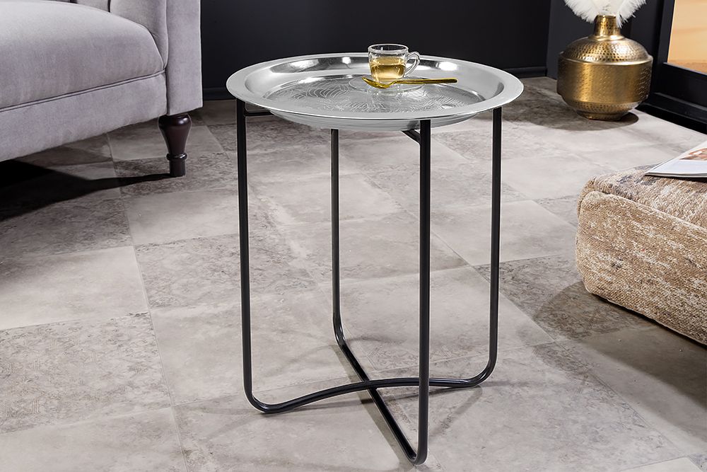 Orientalischer Beistelltisch CASABLANCA 50cm silber schwarz Tablett abnehmbar klappbar