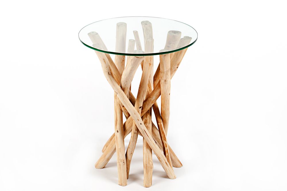 Design Beistelltisch DRIFTWOOD 40cm Teakholz mit Glasplatte rund Couchtisch