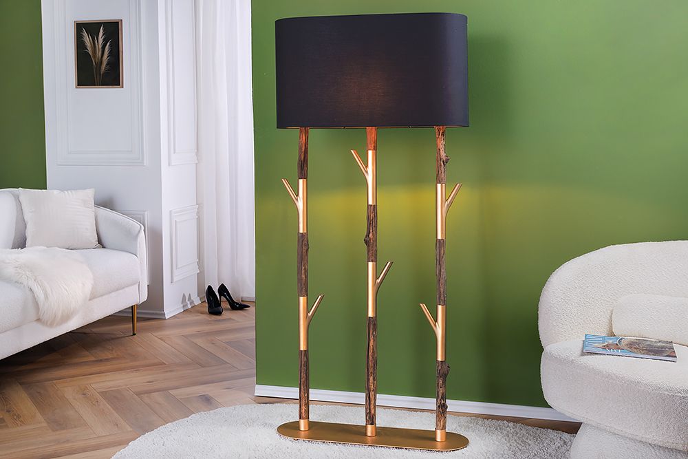 Handgefertigte Stehlampe WARDROBE 155cm schwarz gold natur Eisenholz Massivholz