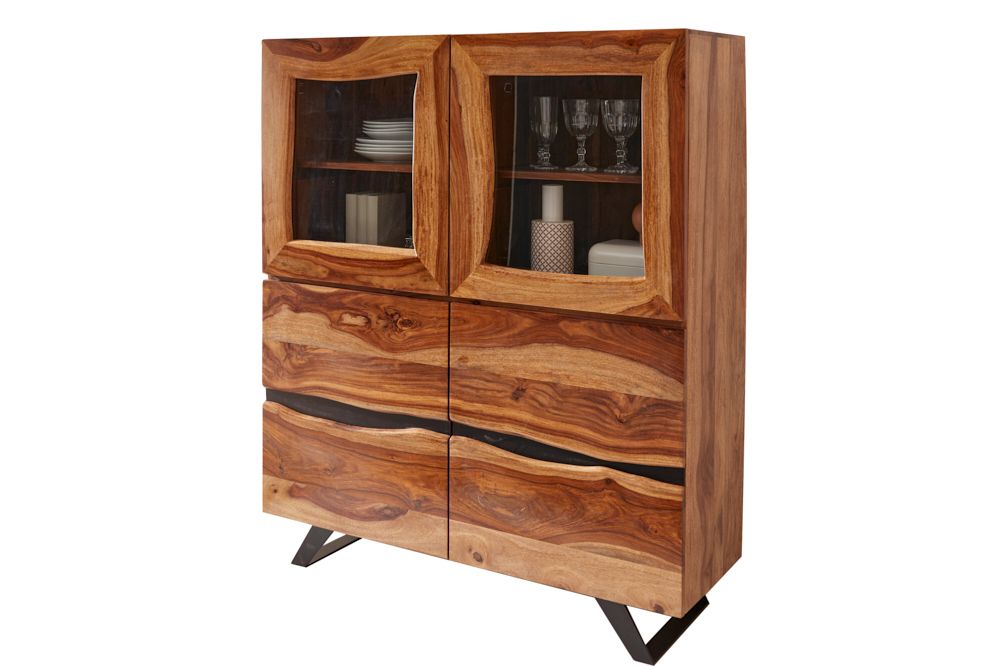 Massives Highboard AMAZONAS 140cm braun Sheeshamholz Vitrine mit Baumkante