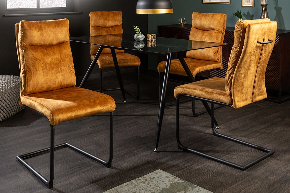 Moderner Freischwinger Stuhl COMFORT senfgelb Samt mit Komfortgriff