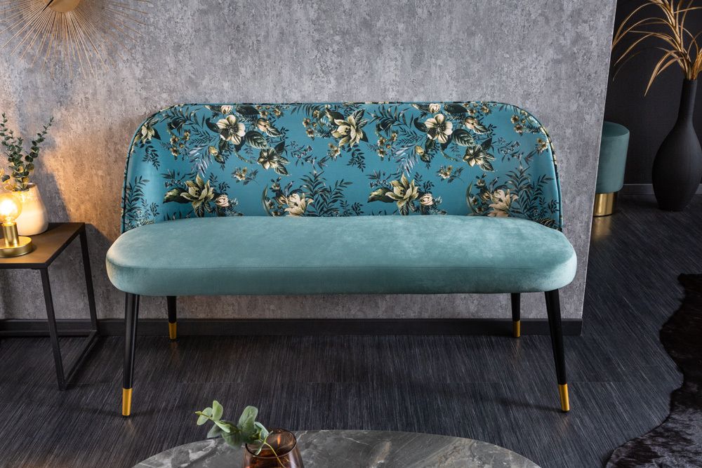 Design Bank PRÊT-À-PORTER türkis Samt florales Muster und goldene Fußkappen