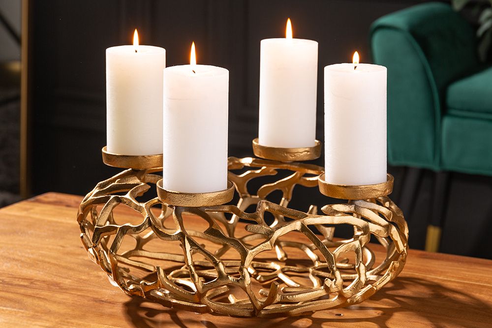 Eleganter Kerzenhalter ABSTRACT 38cm gold Kranz aus Ästen für 4 Kerzen