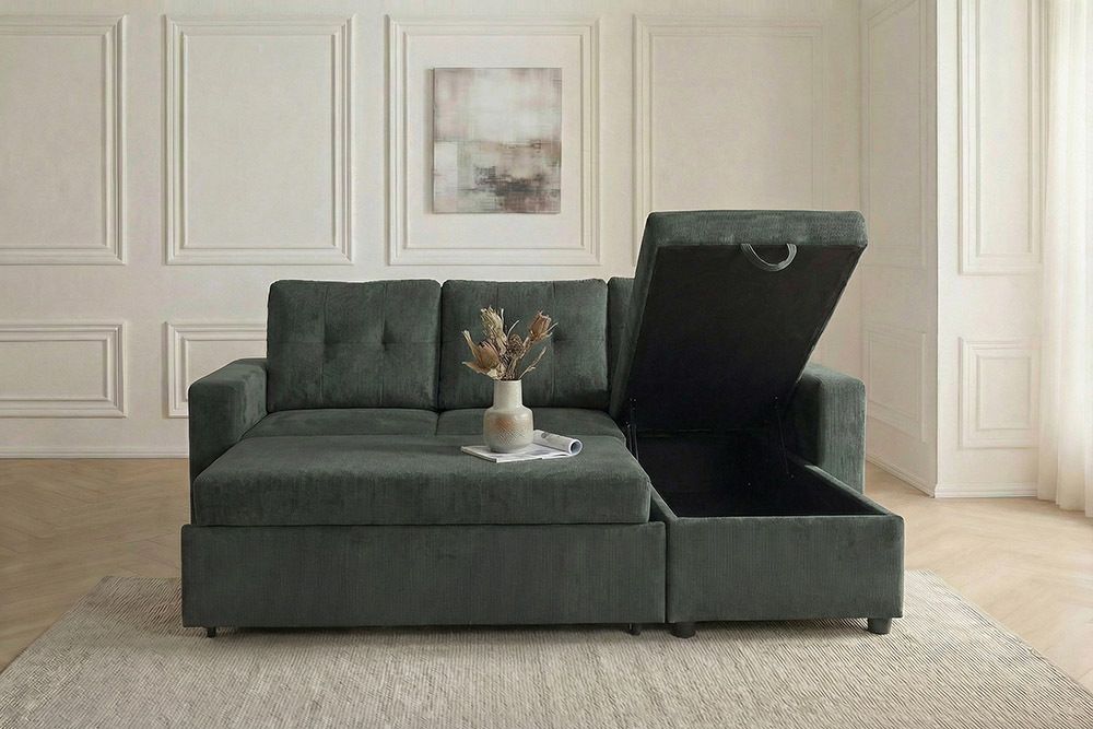 Ecksofa mit Schlaffunktion APARTMENT beidseitig aufbaubar grün Cord inkl. Stauraum