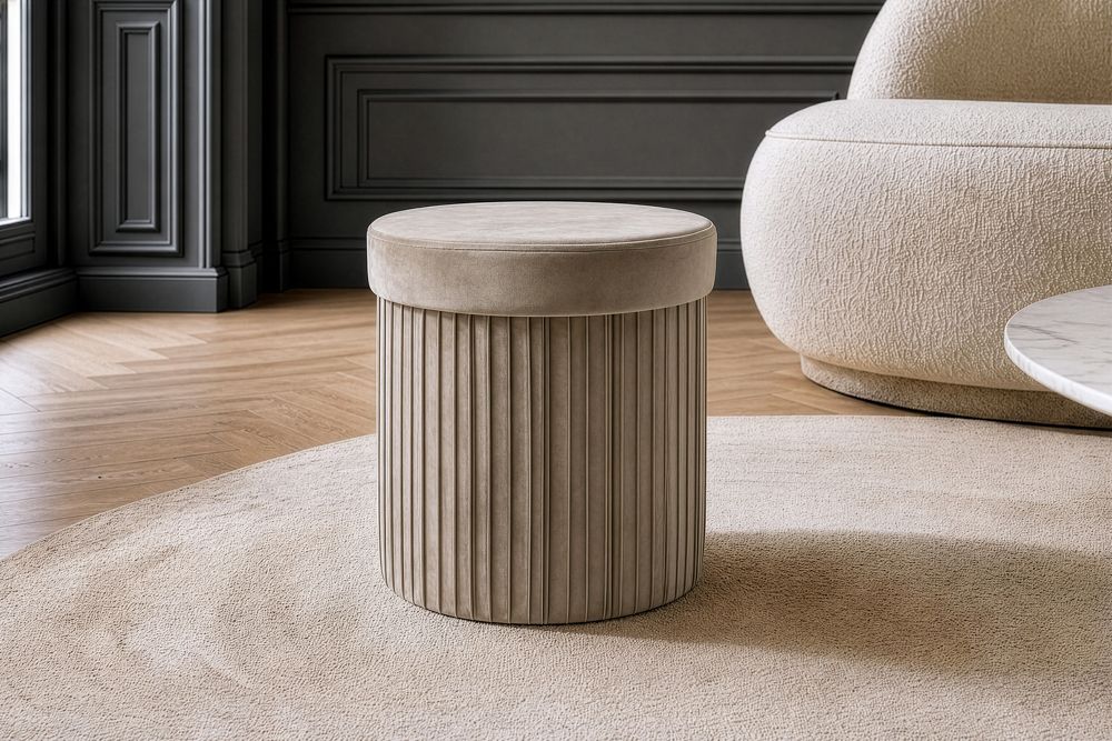 Runder Hocker ÉLAN 40cm champagner greige Samt faltbar mit Stauraum