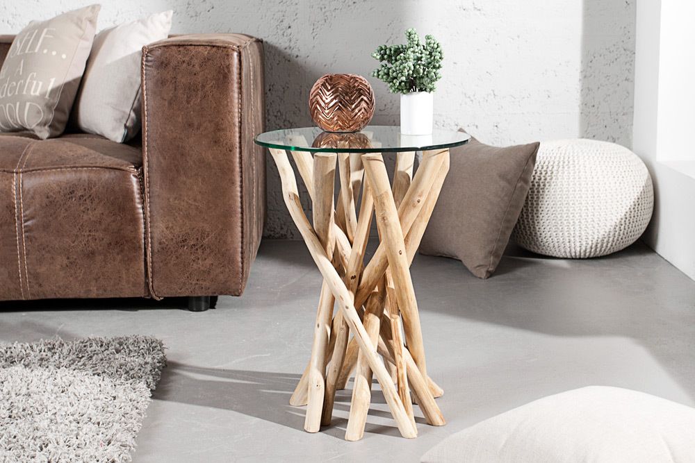 Design Beistelltisch DRIFTWOOD 40cm Teakholz mit Glasplatte rund Couchtisch