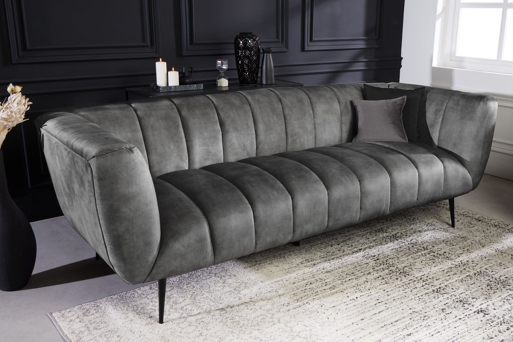 Design 3-Sitzer Sofa NOBLESSE 225cm grau Samt Federkern schwarze Metallfüße