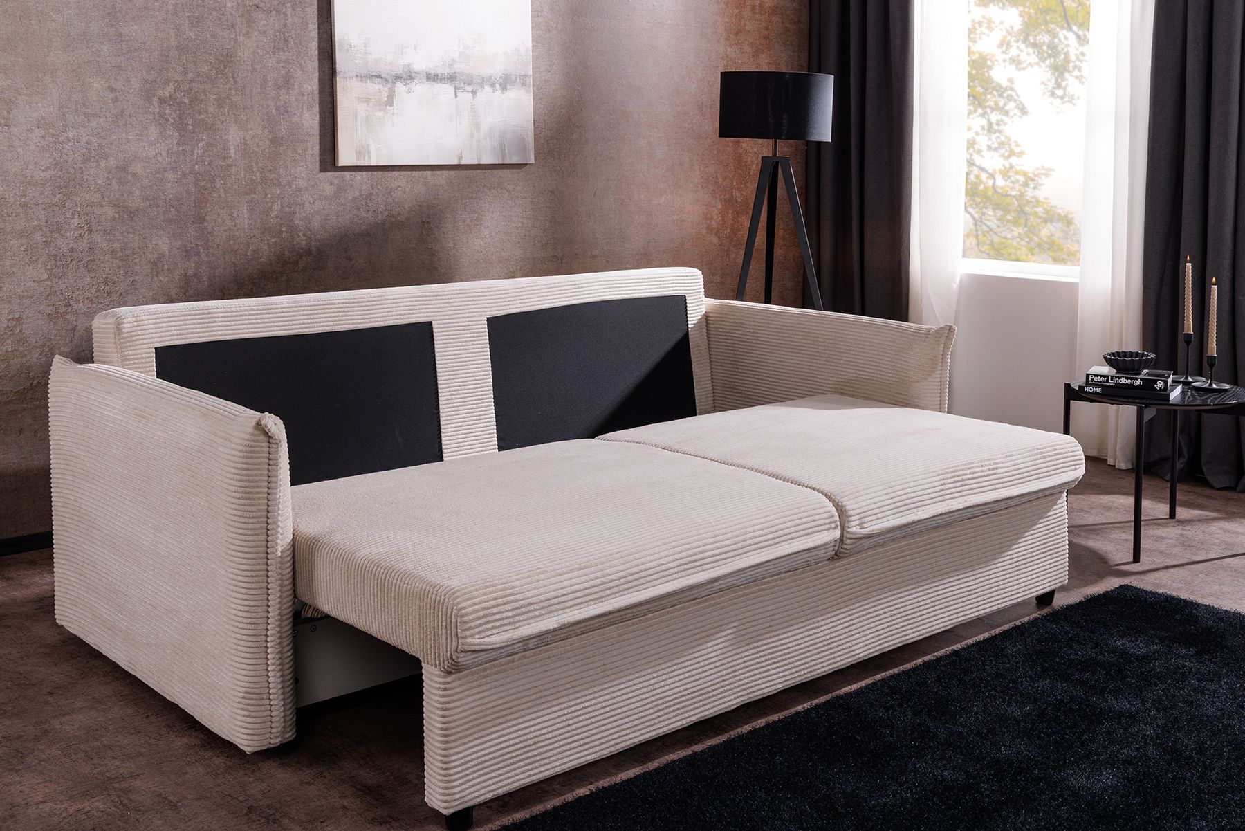 XXL Sofa mit Schlaffunktion APARTMENT beige Cord inkl. Bettkasten und Kissen