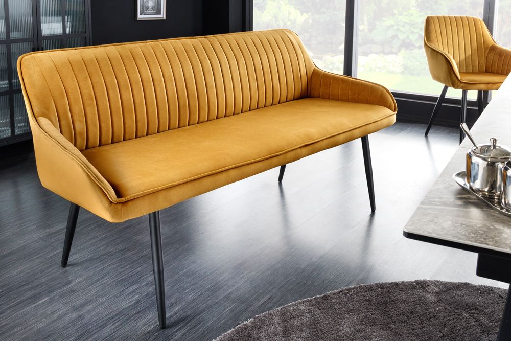 Design Sitzbank TURIN 160cm senfgelb Samt schwarz Metallbeine Armlehne