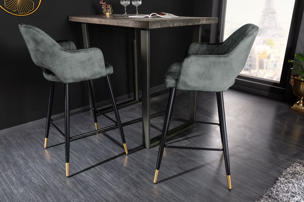 Design Barhocker PARIS grün Samt mit Lehne Metall schwarz gold Ziersteppung