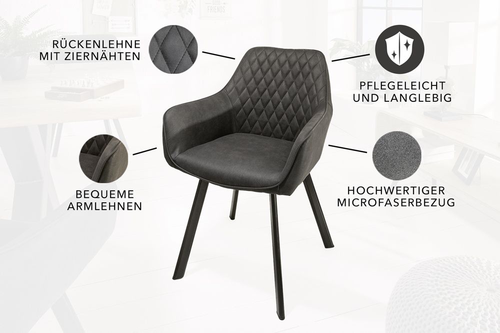 Retro Stuhl PALERMO anthrazit mit Armlehne und Ziersteppung
