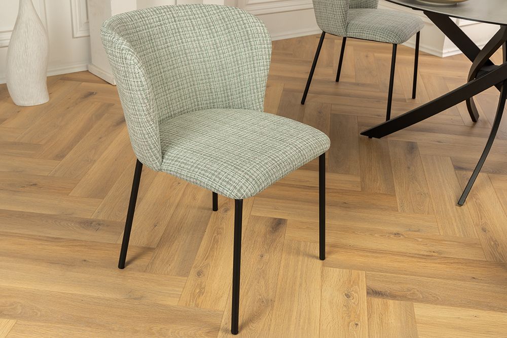 Design Stuhl LYON grün-rosa kariert Bouclé schwarze Metallbeine