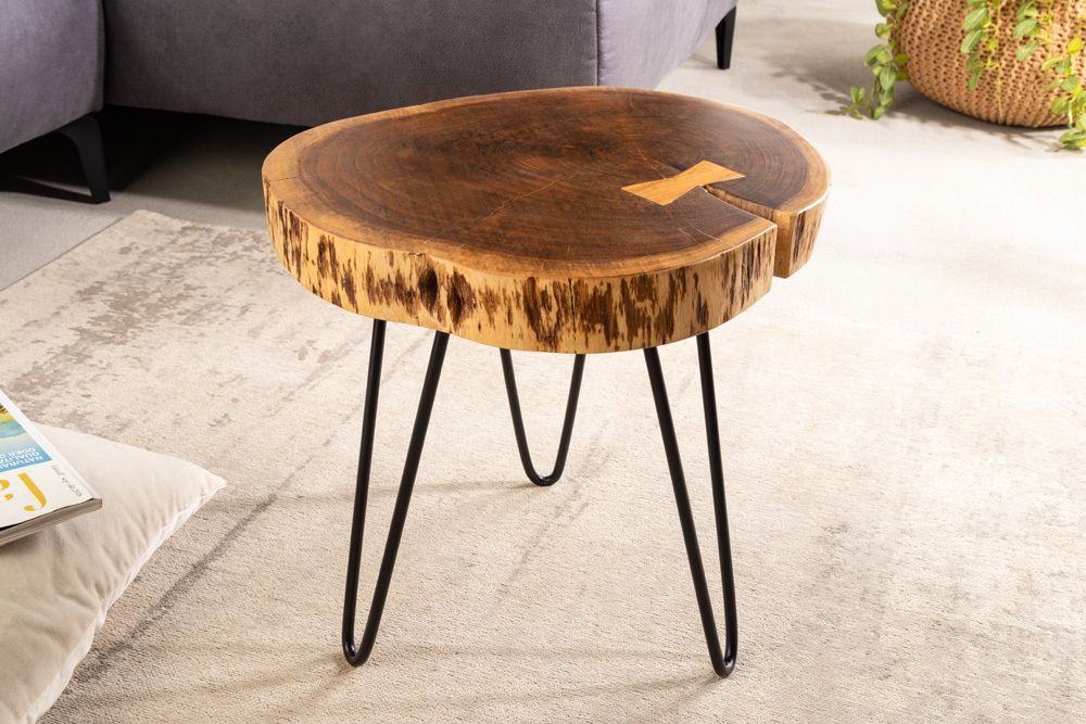 Industrial Beistelltisch GOA 40cm natur Akazie Massivholz Baumstamm rund Hairpin Legs
