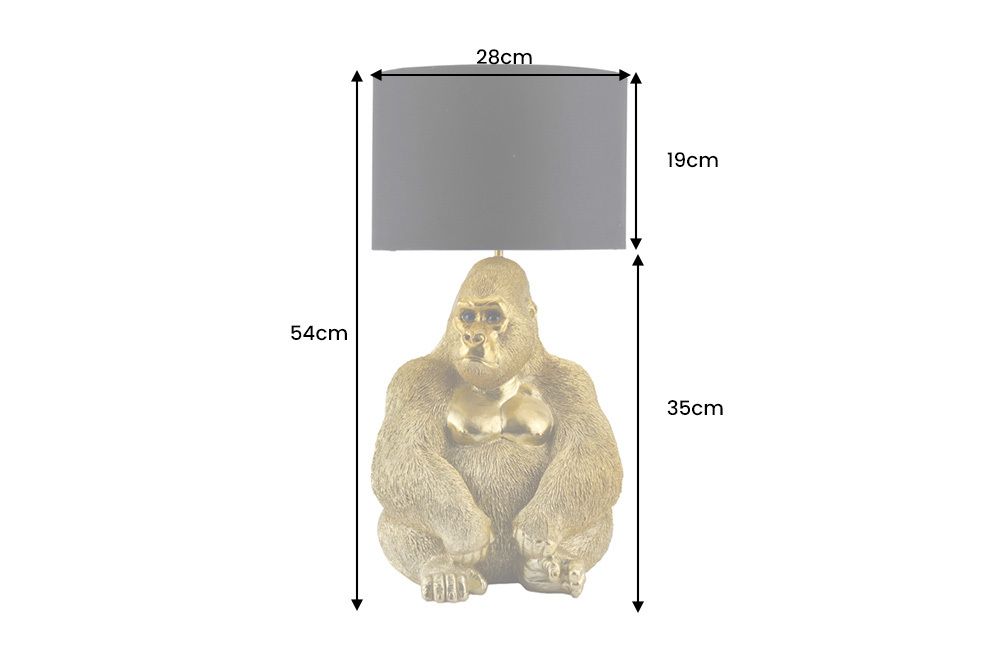Handgefertigte Tischlampe KING APE 55cm gold schwarzer Stoffschirm Gorilla-Skulptur