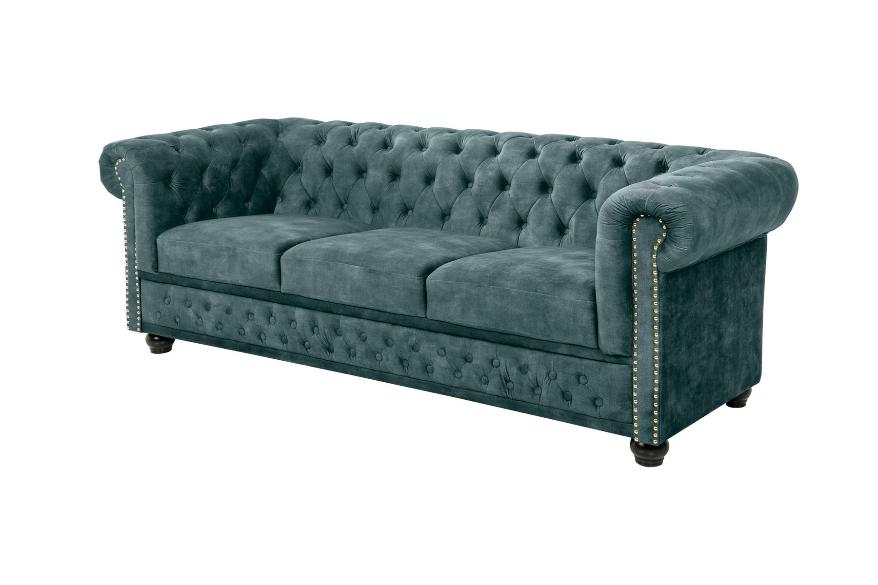 Chesterfield 3-Sitzer Sofa 205cm petrol Samt Federkern Goldnieten Knopfheftung