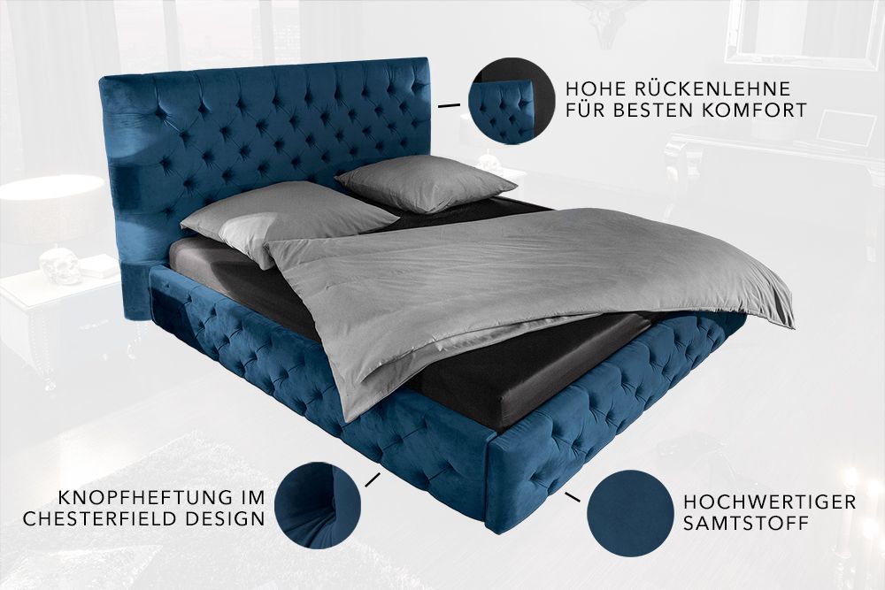 Design Doppelbett PARIS 180x200cm dunkelblau Samt Chesterfield