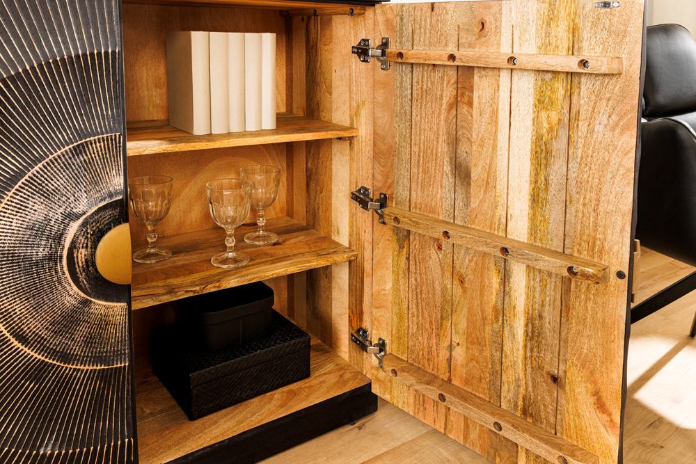 Massives Highboard GOLDEN SUNSET 180cm schwarz gold Mangoholz mit Glastüren Vitrine