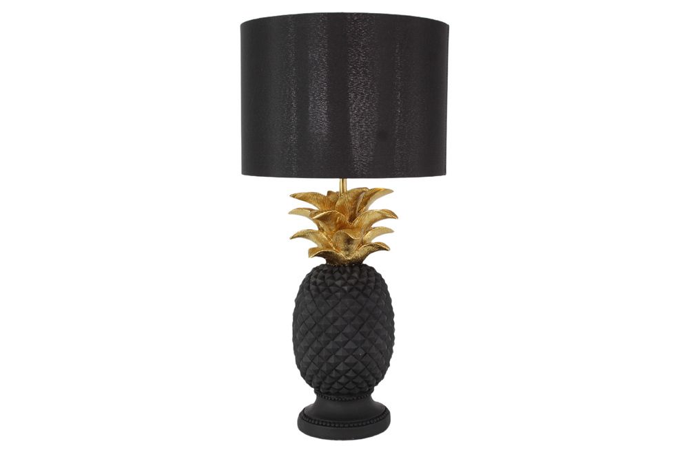 Handgefertigte Tischlampe PINEAPPLE 50cm schwarz Ananas-Design gold mit Stoffschirm