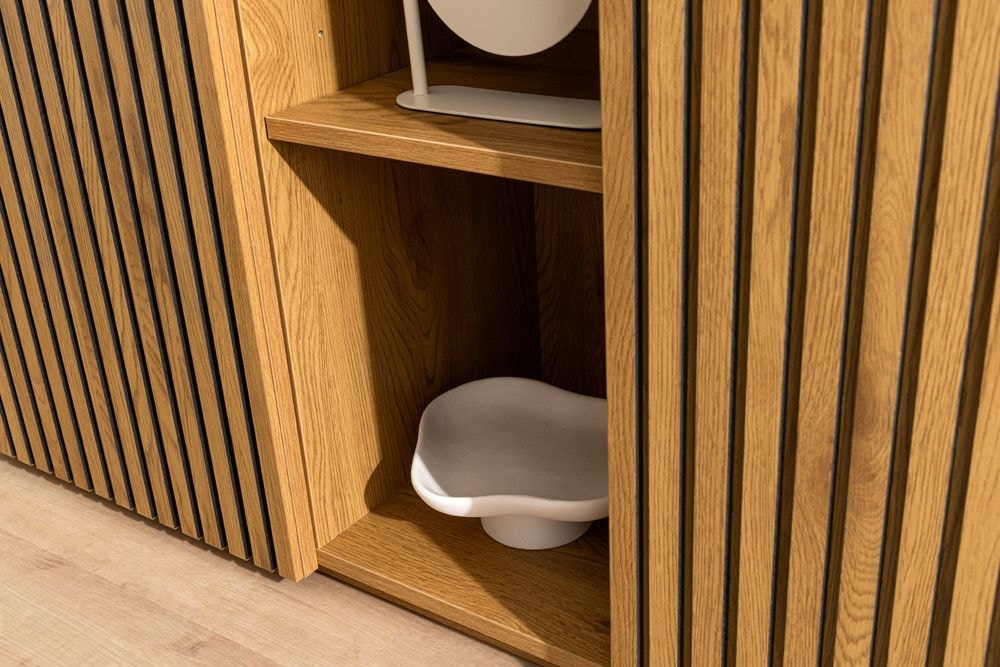 Design Sideboard VICENZA 180cm weiß Keramik natur Eiche Lamellenfront