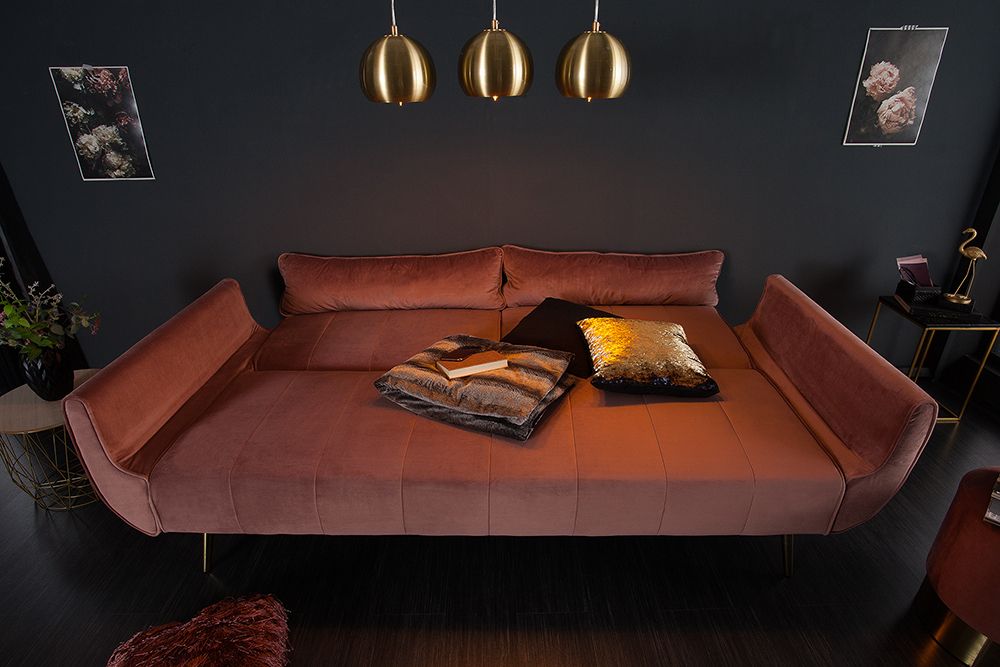 Retro Schlafsofa DIVANI 220cm altrosa Samt goldene Metallfüße 3-Sitzer mit Bettfunktion
