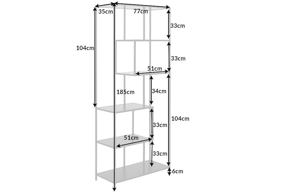 Industrial Bücherregal SLIM LINE 185cm Esche schwarz sechs Regalböden