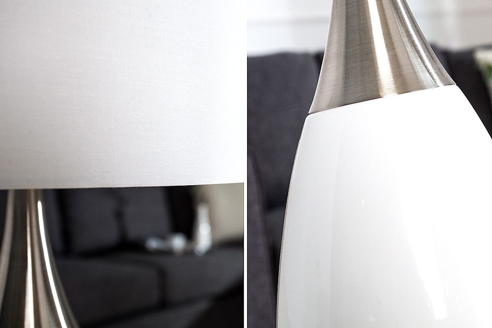 Moderne Tischlampe CARLA 60cm weiß silber mit Leinenschirm