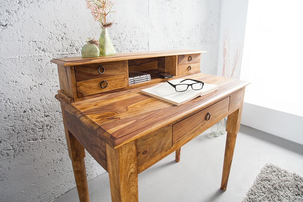 Design Sekretär HEMINGWAY M 90cm braun Sheesham Massivholz stone finish Schreibtisch