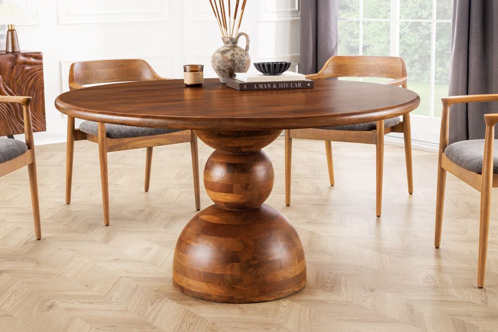 Massiver Esstisch MAESTRO 130cm braun Mangoholz rund mit Säulenfuß