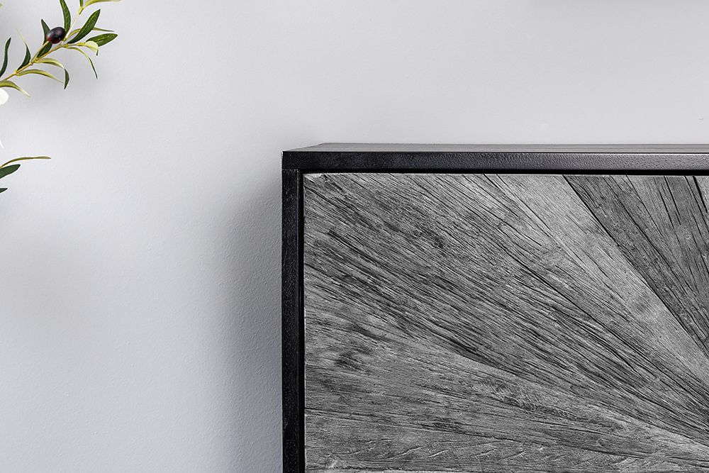 Massives Sideboard BARRACUDA 180cm grau Mangoholz mit Teakholz-Front schwarz Metall
