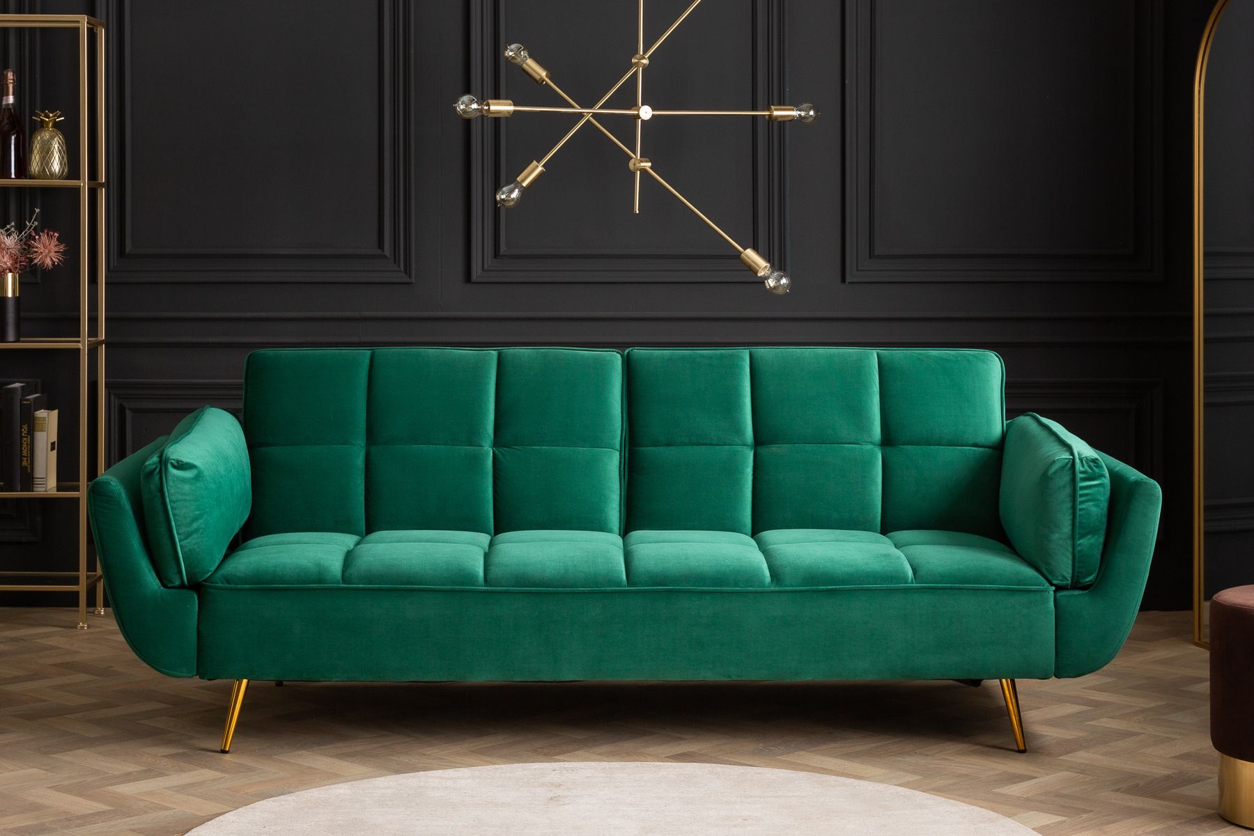 Retro Schlafsofa BOUTIQUE 215cm smaragdgrün Samt 3-Sitzer mit goldenen Füßen