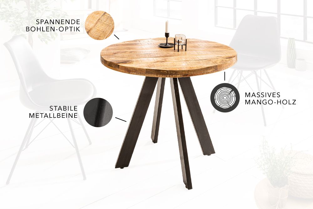 Massiver Esstisch IRON CRAFT 80cm rund natur Mangoholz
