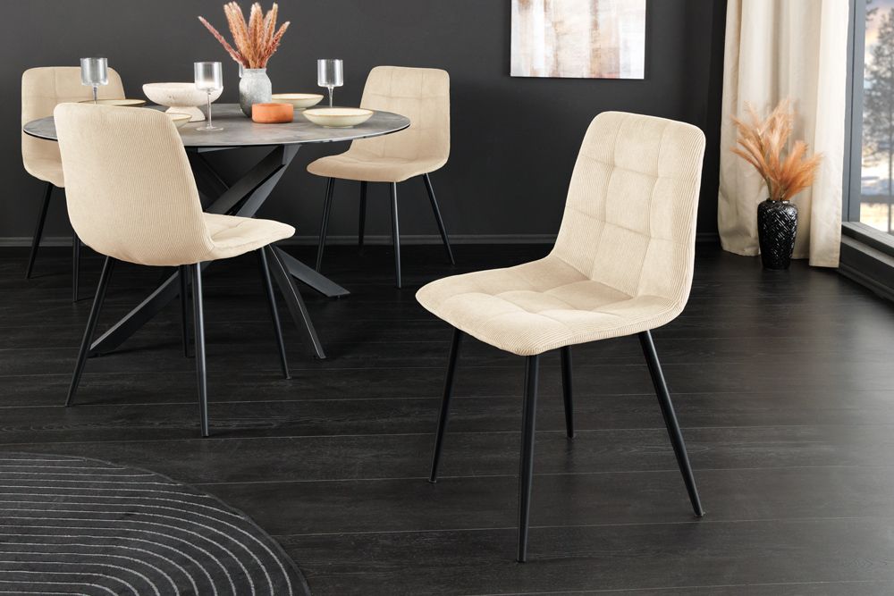 Moderner Design Stuhl TRES CHIC beige Cord schwarze Metallbeine Esszimmer