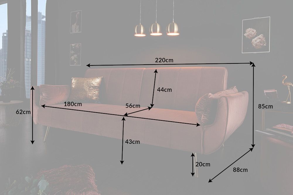 Retro Schlafsofa DIVANI 220cm altrosa Samt goldene Metallfüße 3-Sitzer mit Bettfunktion
