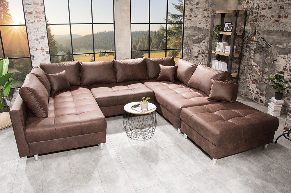 Moderne XXL Wohnlandschaft KENT 305cm antik braun Federkern Bigsofa inkl. Hocker