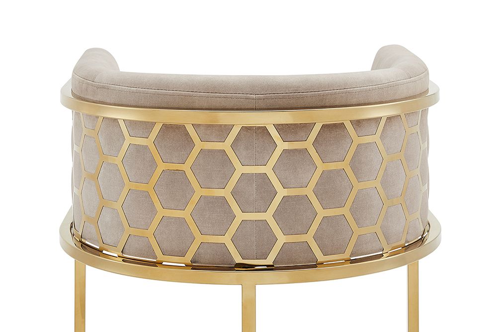 Stilvoller Barhocker ELEGANCE cappuccino Samt gold Edelstahl mit Armlehne und Fußablage