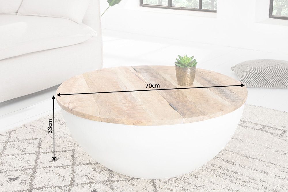 Runder Couchtisch INDUSTRIAL STORAGE 70cm weiß natur Massivholz mit Stauraum handmade