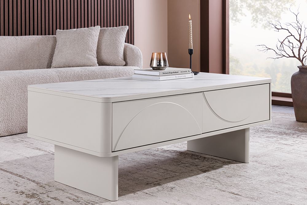 Design Couchtisch SAVOY 120cm kaschmir weiß Keramik Marmor mit Schubladen