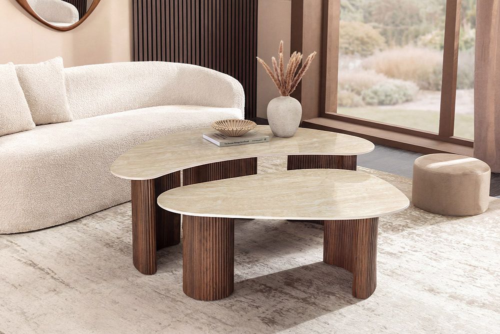 2er Set Couchtische OSAKA 120cm champagner greige Travertin Keramik Walnuss
