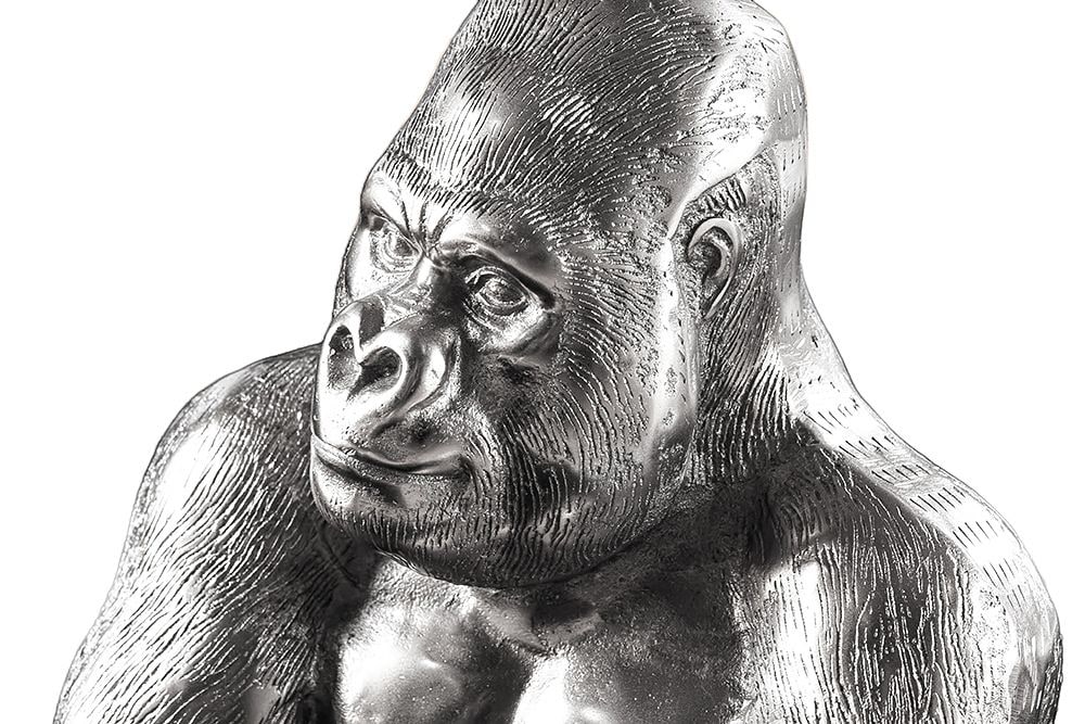 Runder Couchtisch WILDLIFE KONG 60cm silber Metall Glas Affenfigur Gorilla Skulptur handmade