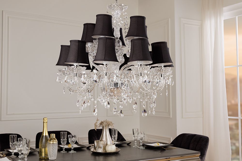Design Kronleuchter CRYSTAL XL 80cm klar Acryl 15-armig Lüster schwarz mit Schirmen