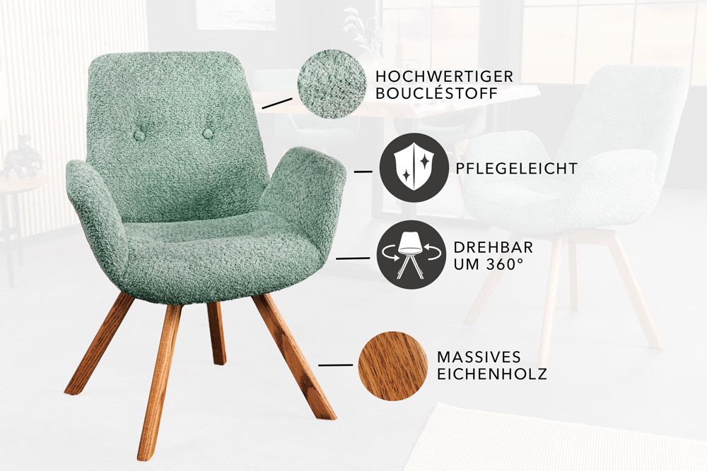 Drehbarer Design Stuhl BALTIC mint Bouclé natur Eiche Massivholz-Beine mit Armlehne