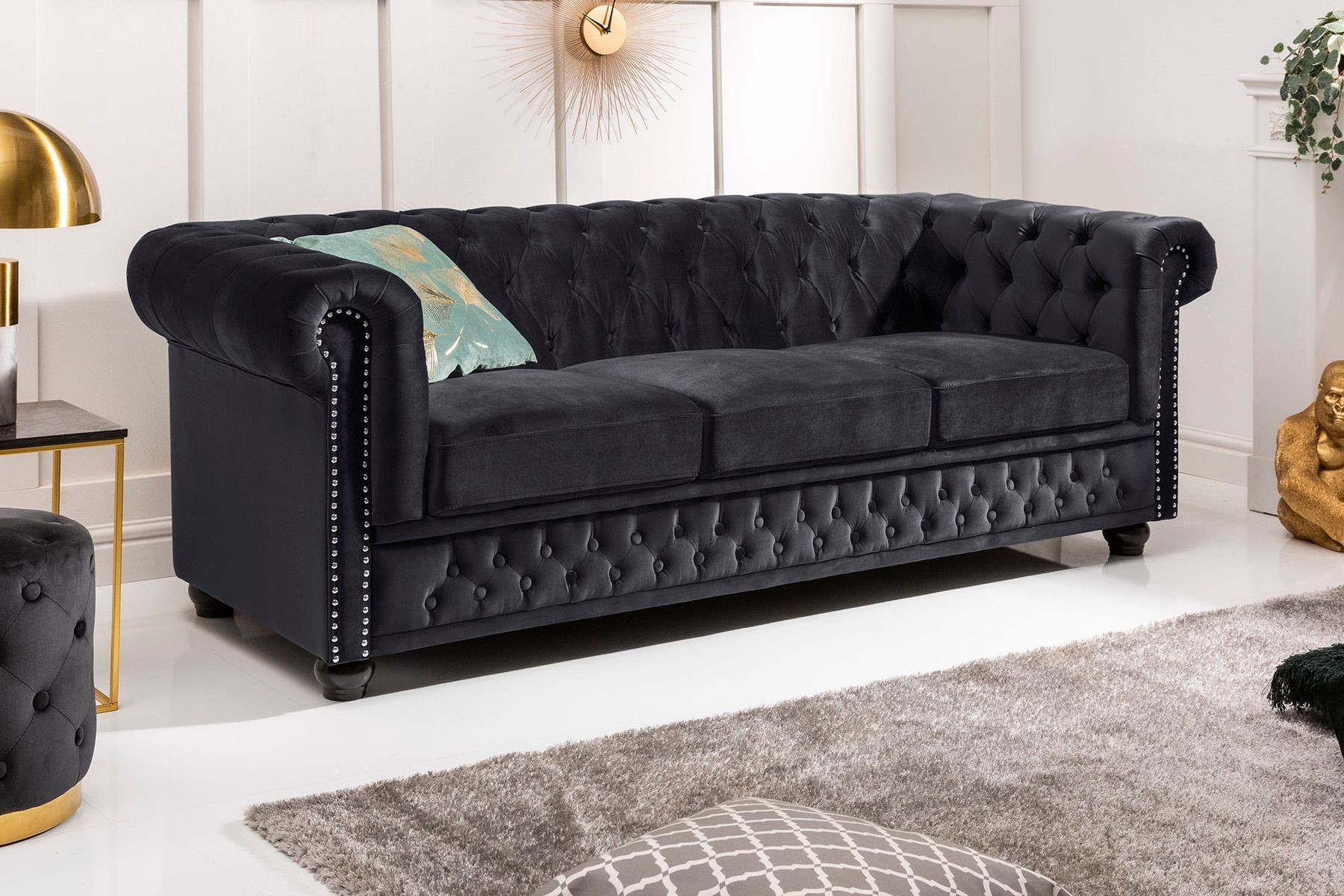 Barock Sofa CHESTERFIELD 205cm schwarz Samt Federkern Knopfheftung 3-Sitzer Couch