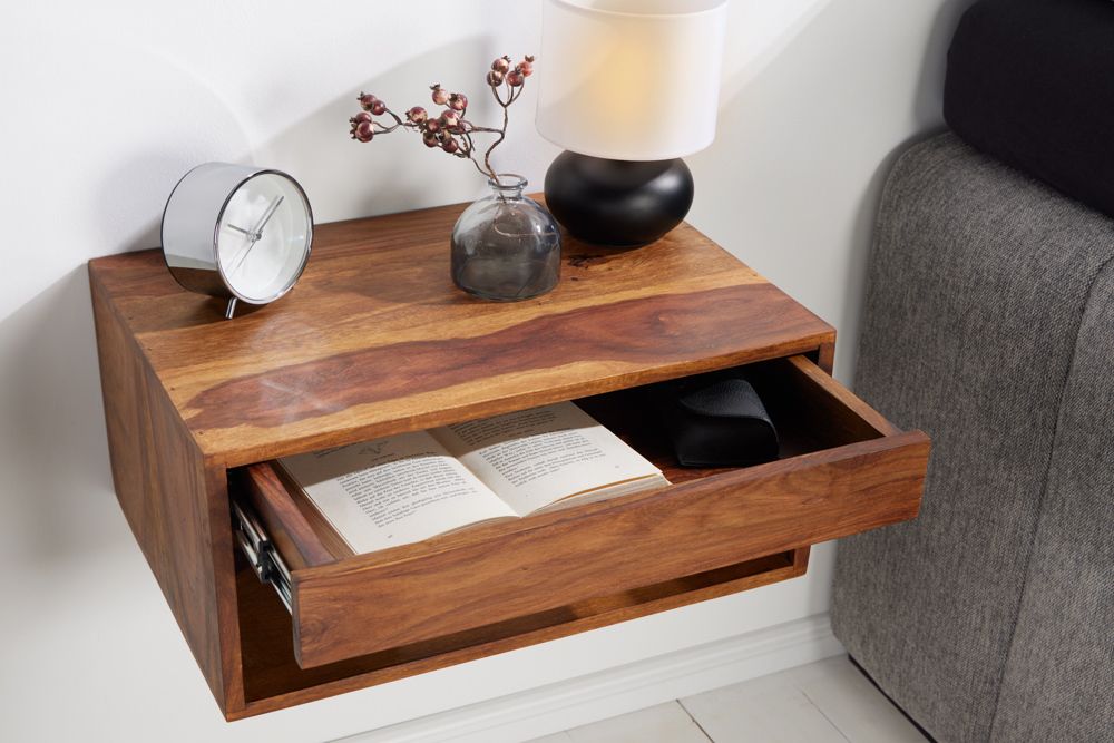 Hängender Nachttisch PURE 50cm braun Sheesham Massivholz stone finish Regal Schublade